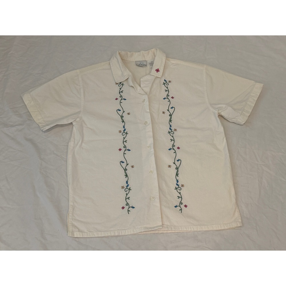 Bobbie Brooks Vintage Cream Floral Butterfly Embroidered Cotton Button L 12/14